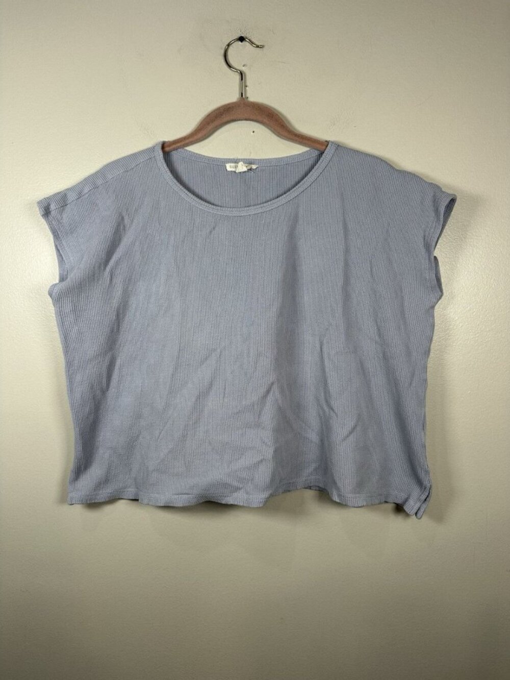 Eileen Fisher Textured Stretch Rib Round Neck Top Womens Medium Blue Boxy